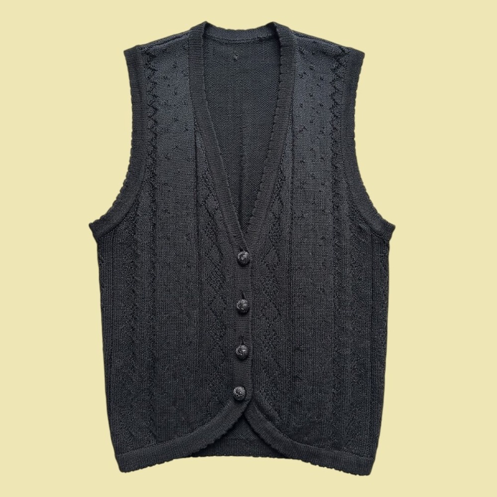 Vintage Black Knit Button Front V-Neck Vest Sleeveless Cardigan Preppy large